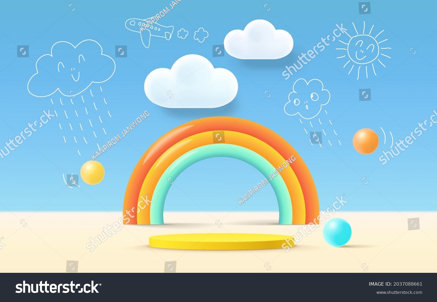 3D rendering podium kid style, colorful background, clouds and weather with empty space for kids or baby product
 #2037088661