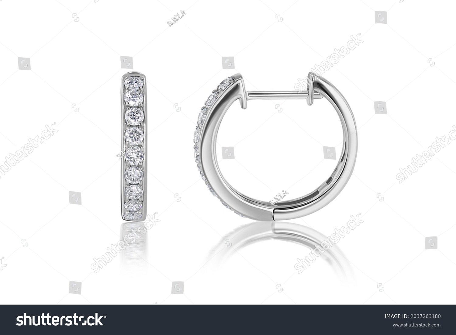 Subject Shot of Diamond Huggie Hoop Earrings on a White Background with Reflection. Earrings metal is 14k White Gold.  #2037263180