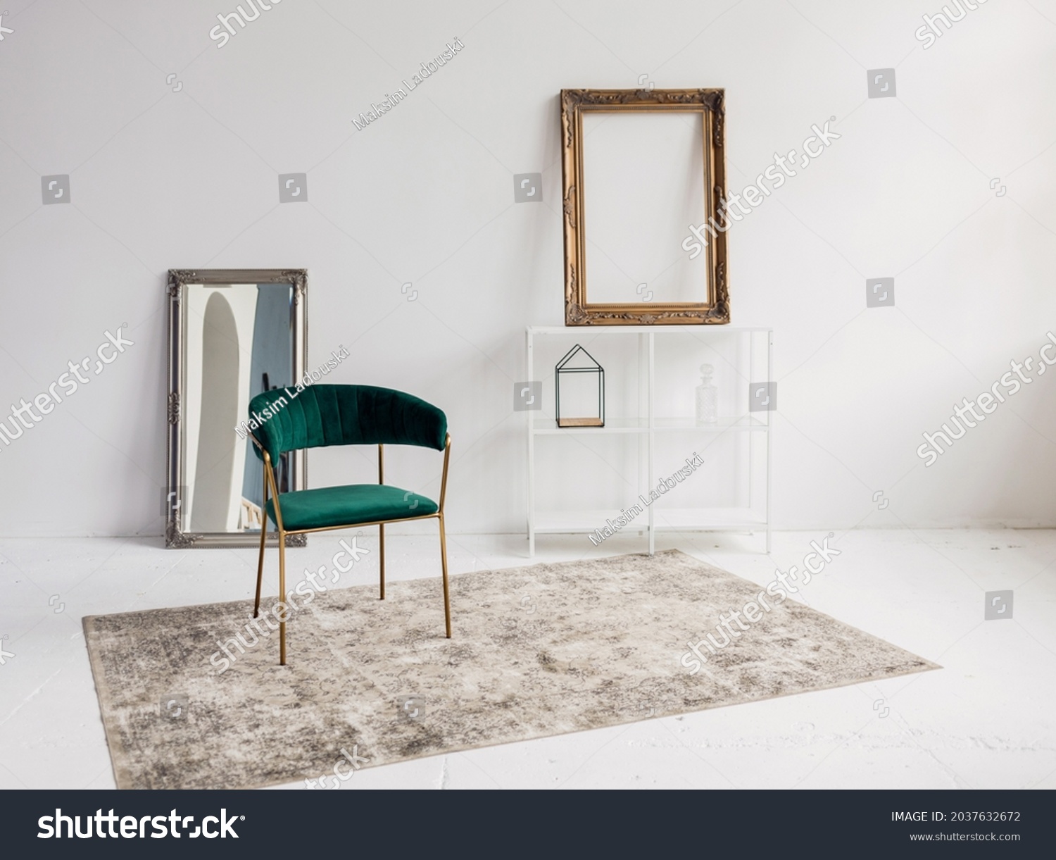 Luxurious living room interior with chair, shelves and mirror with mockup poster. Paste your photo here #2037632672