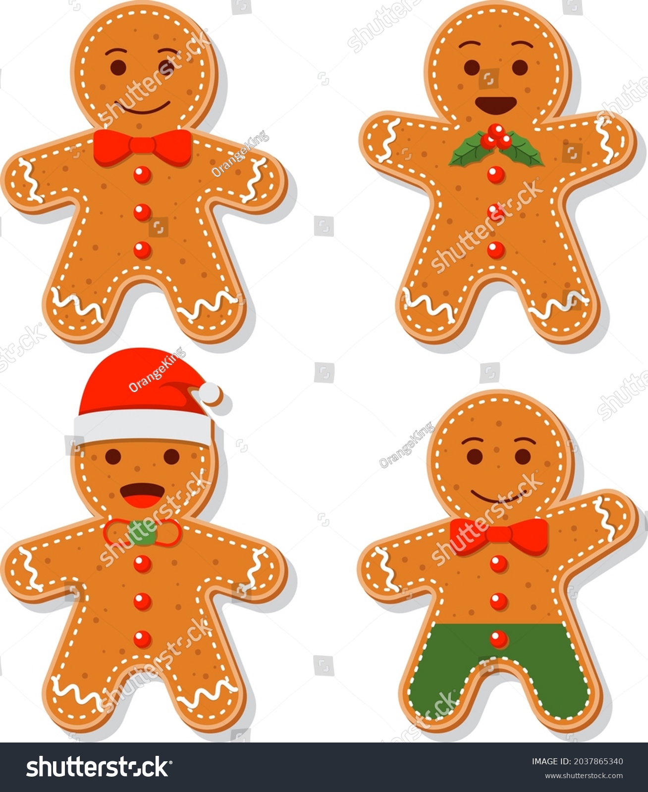 Gingerbread man collection. Christmas icon. Holiday winter symbols. Festive treats. New year cookies, sweets. Vector illustration. #2037865340