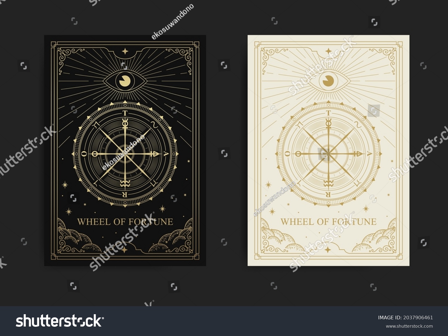 Wheel of fortune tarot card in engraving, luxury, esoteric, boho style. Suitable for spiritualists, psychics, tarot, fortune tellers, astrologers and tattoo #2037906461