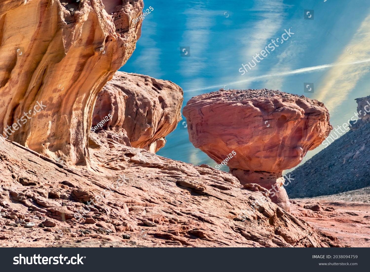 Stone mushroom is a unique geological formation from Jurassic period in Timna park that is located 25 km north of Eilat – famous tourist resort city in Israel. Focus on geological monument #2038094759