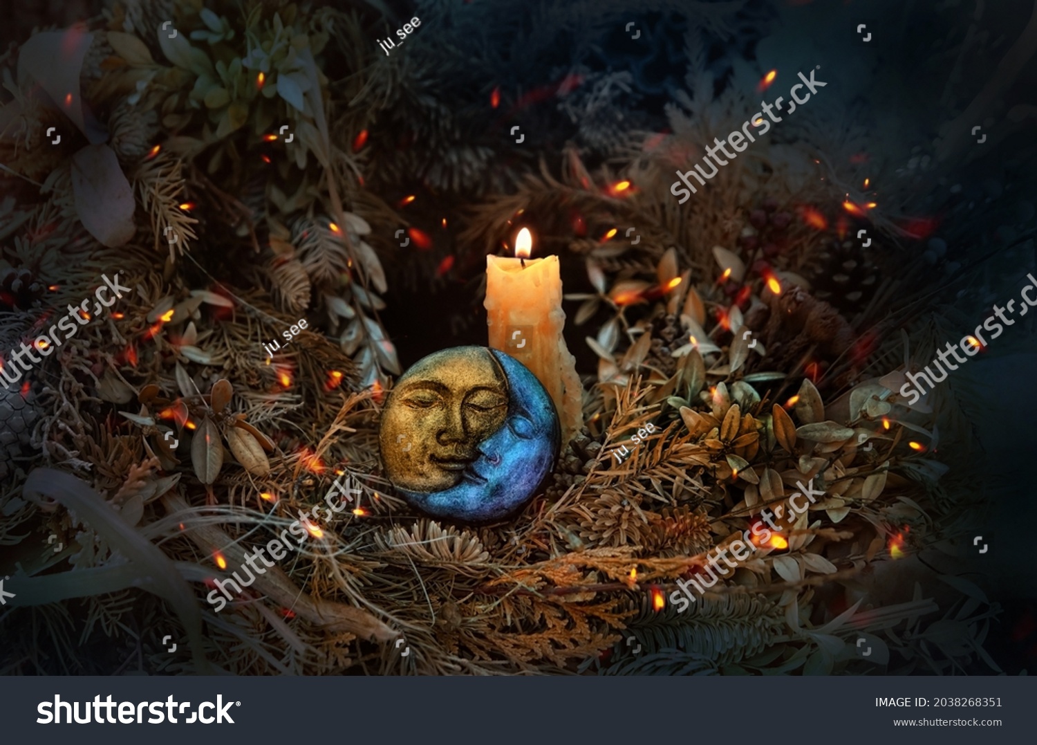 burning candle, moon amulet in dry autumn leaves on dark natural background. pagan, Wiccan, Slavic traditions. Witchcraft, esoteric spiritual practice. magic ritual. witch aesthetic. autumn equinox #2038268351
