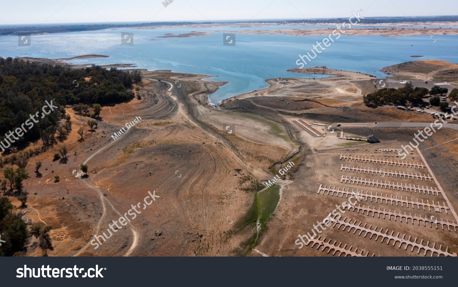 Aerial view of the severe drought conditions of Folsom Lake, a reservoir in Folsom, California, USA. #2038555151