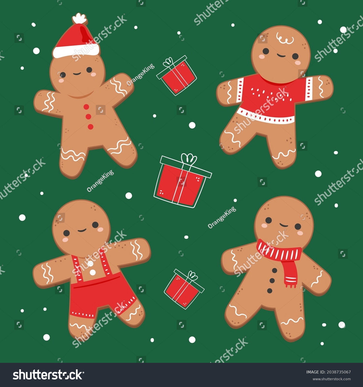 Gingerbread man collection. Christmas icon. Holiday winter symbols. Festive treats. New year cookies, sweets. Vector illustration. #2038735067