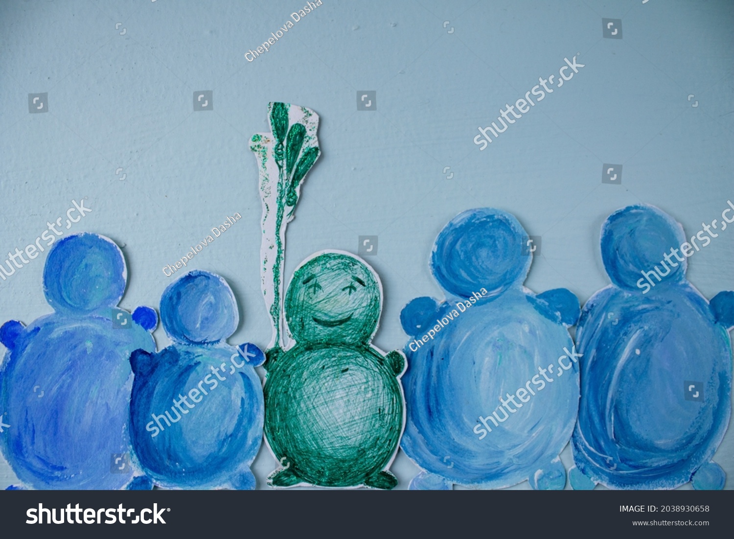 painted snowmen. snowmen are blue in color. blue background. winter greeting card #2038930658