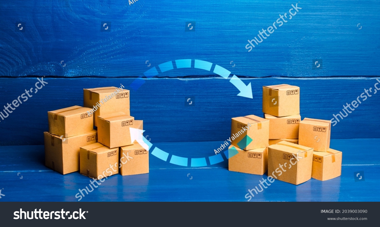 Arrows between boxes. Trade balance and exchange concept. Economic activity. Trading traffic. Transportation and transfer. Buying, selling or bartering goods. Production, manufacture. Deal transaction #2039003090