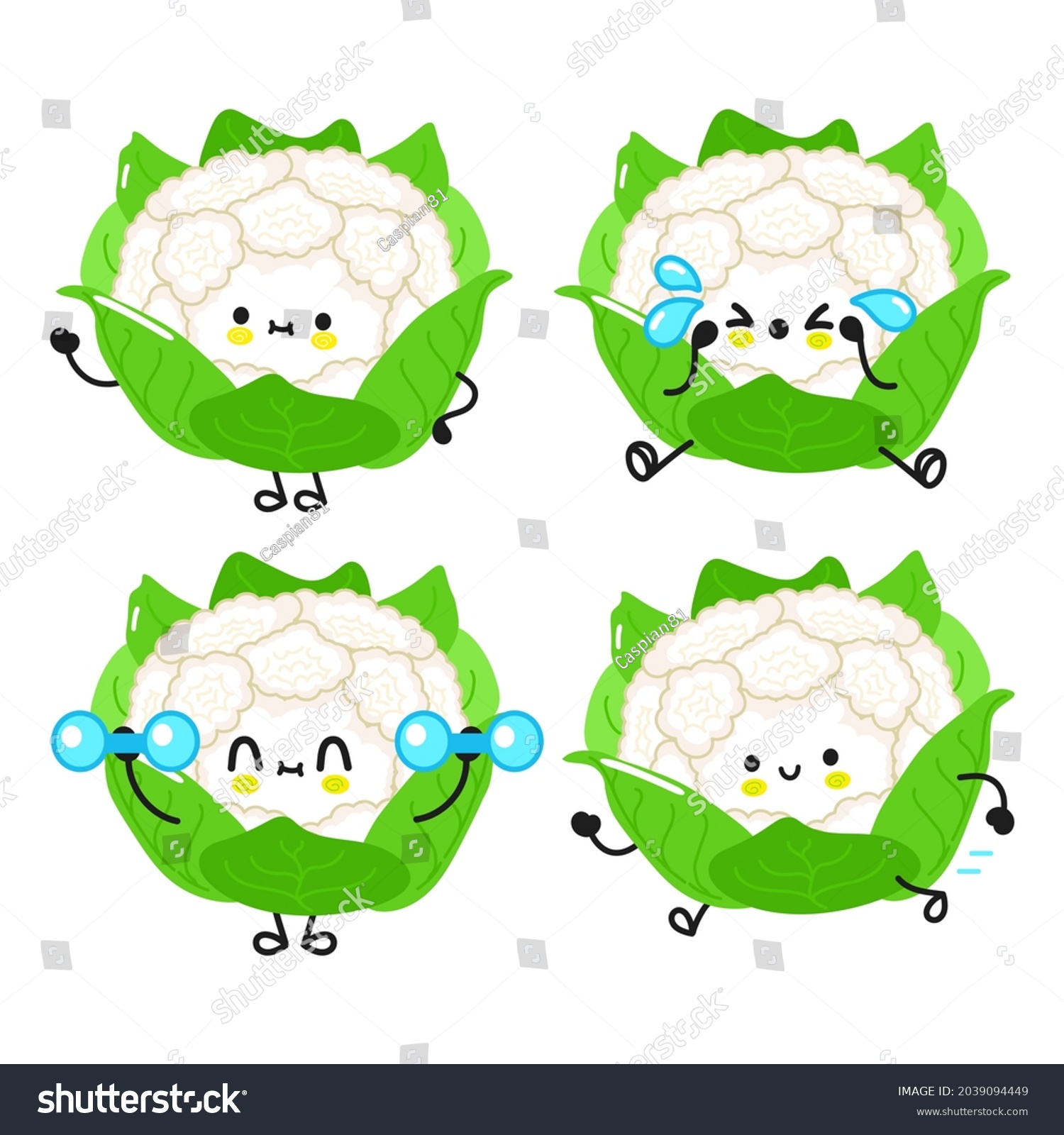 Funny cute happy cauliflower characters bundle set. Vector kawaii line cartoon style illustration. Cute cauliflower mascot character collection #2039094449