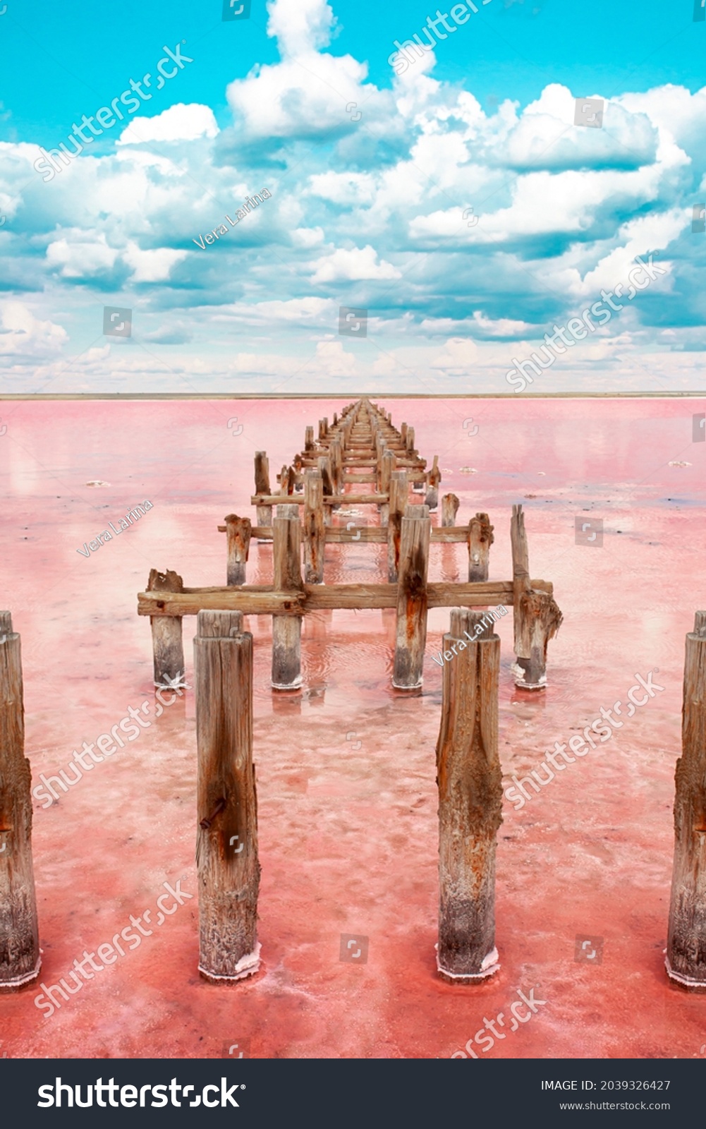 The pink lake is a beautiful landscape, unusual nature. A unique rare natural phenomenon. Salt lake with pink algae. Beautiful landscape. #2039326427