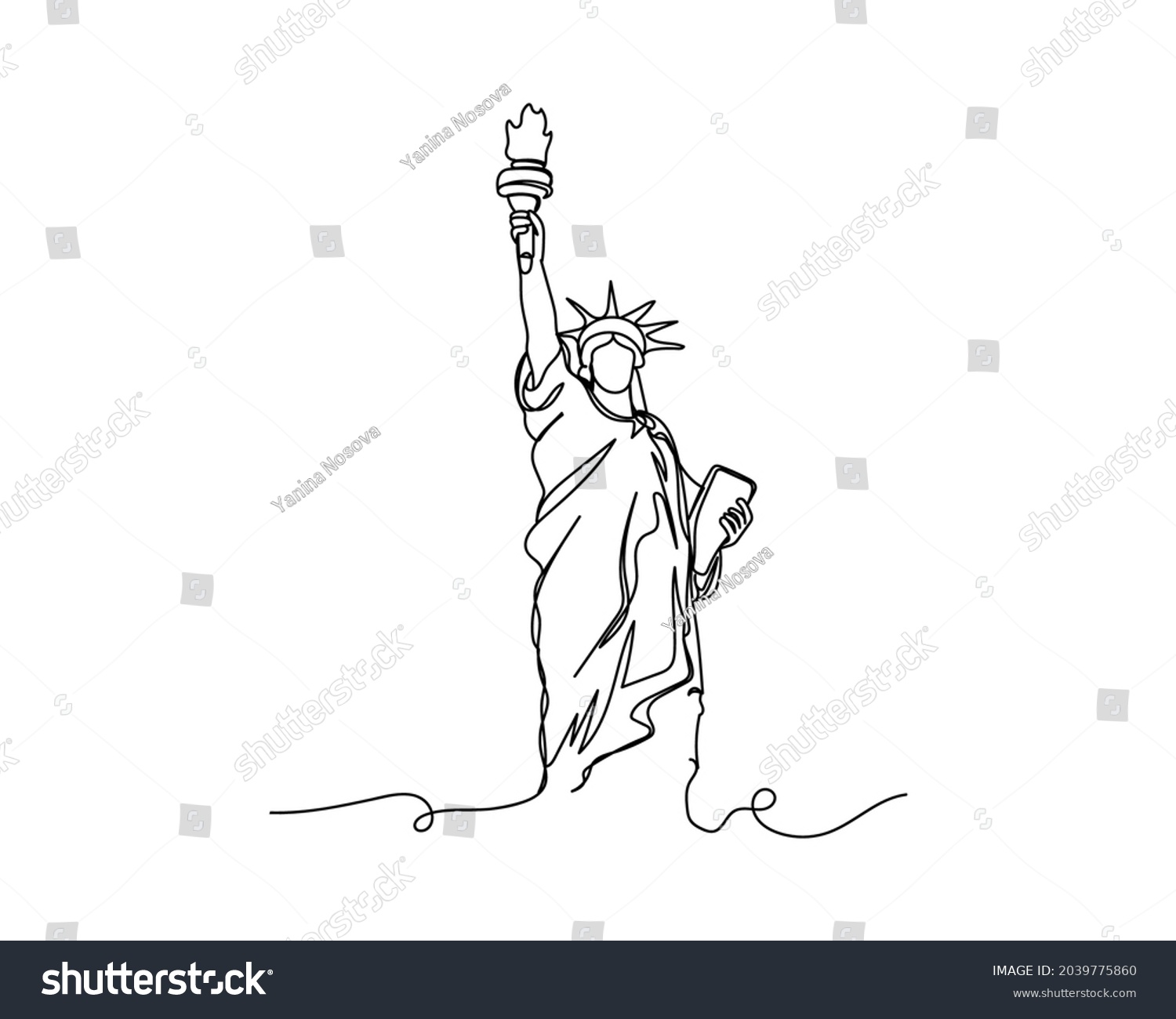 Continuous one line drawing of american symbol statue of liberty in silhouette on a white background. Linear stylized. #2039775860