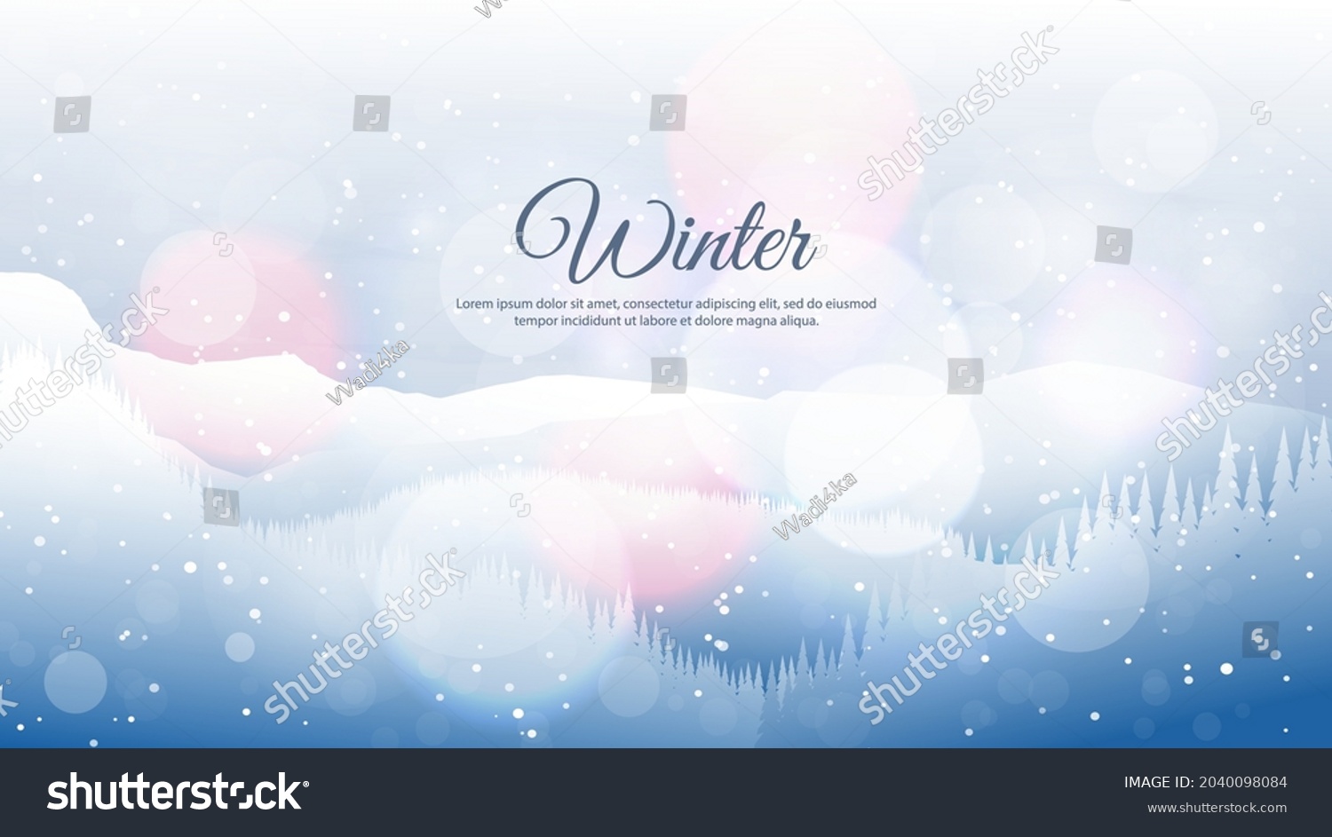 Vector illustration. Flat landscape. Snowy background. Snowdrifts. Snowfall. Clear blue sky. Blizzard. Cartoon wallpaper. Winter season. Forest trees and mountains. Design for website. Blurred lights #2040098084