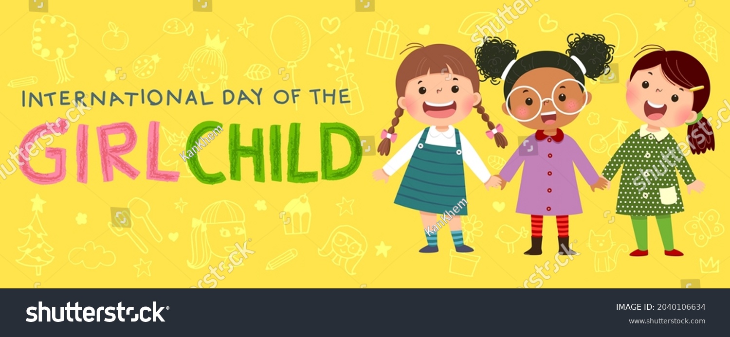 International Day of the girl child background with three little girls holding hands on yellow background. #2040106634