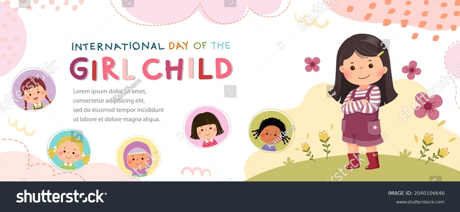 Vector horizontal banners with a little girl hugging herself. International Day of the girl child. #2040106646
