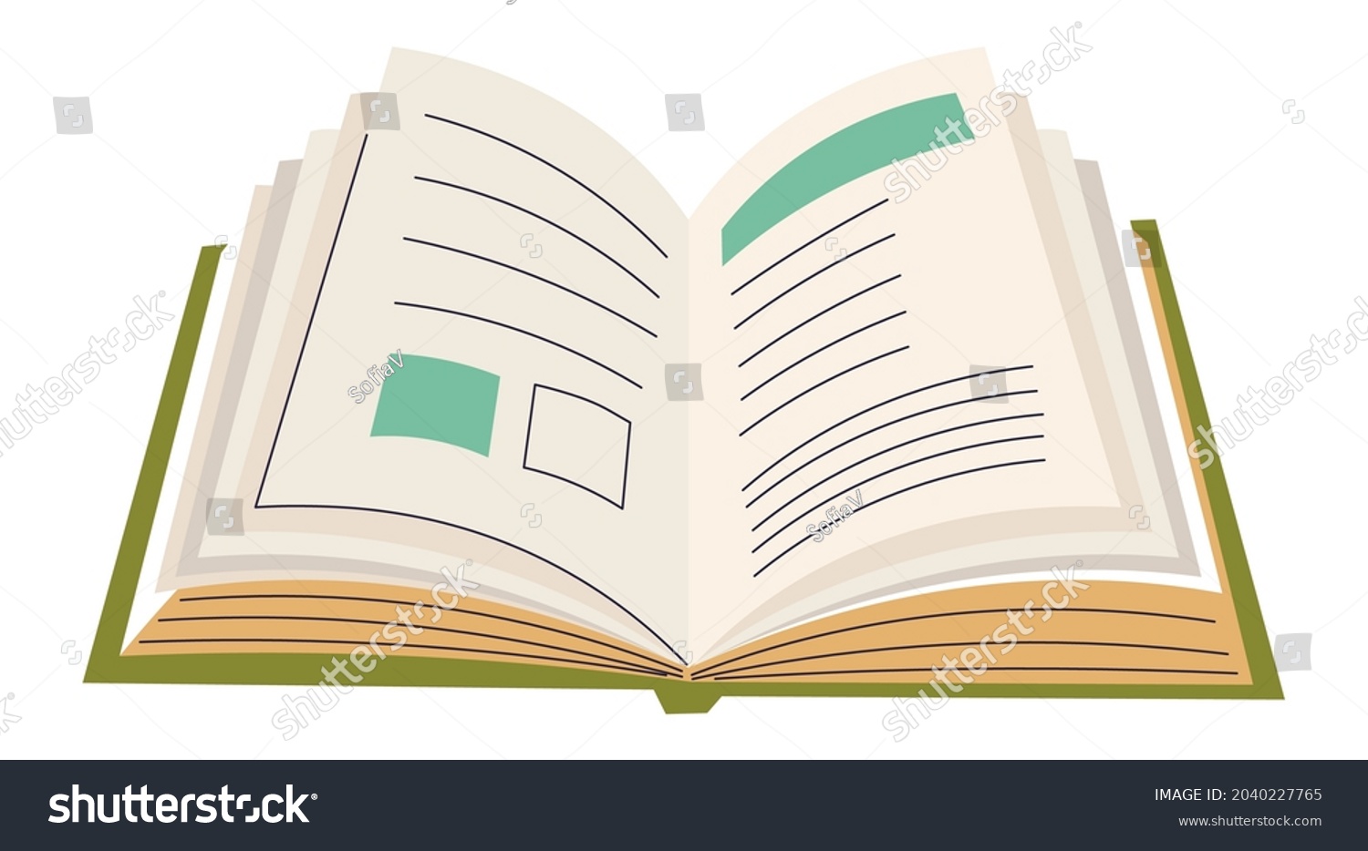 Open book or encyclopedia, textbook for students in school or university. Isolated publication with pictures and text. Personal journal or magazine, notebook copybook for notes. Vector in flat style #2040227765