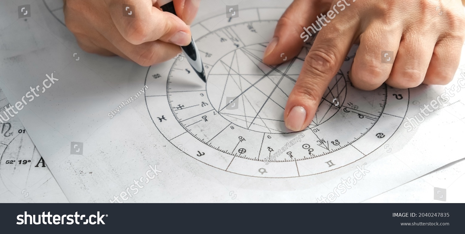 Astrology. Astrologer calculates a natal chart and makes a forecast of fate. Astrological forecast, mysticism, science. Astrological background. #2040247835