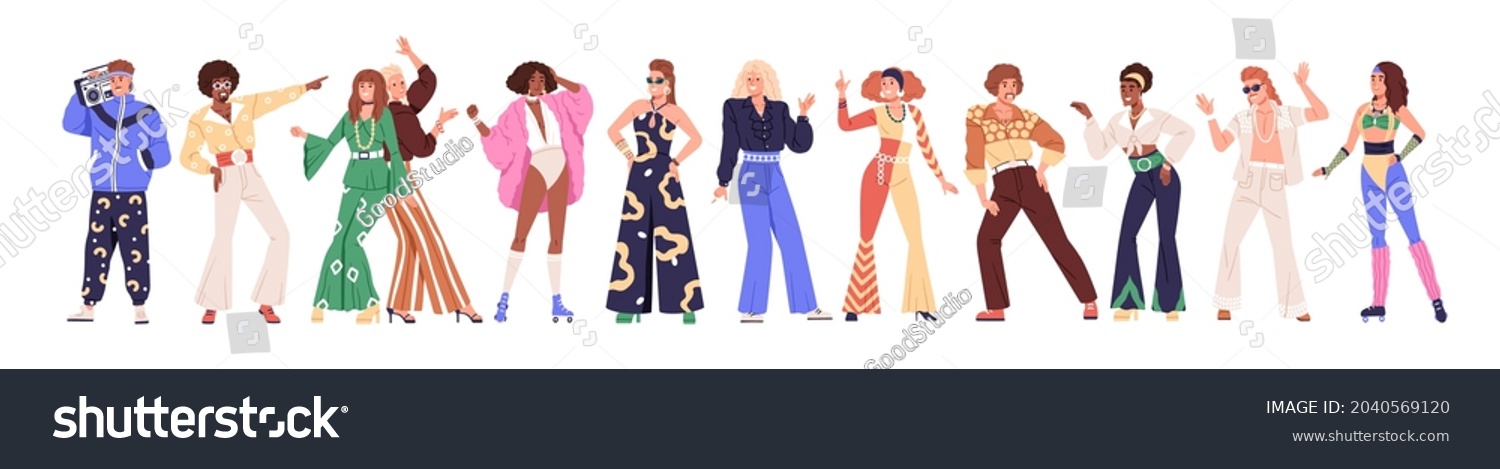 Set of people from 80s. Man and woman dance disco in retro-styled fashion outfits of 1980s. Stylish characters in party clothes of eighties. Flat vector illustration isolated on white background #2040569120