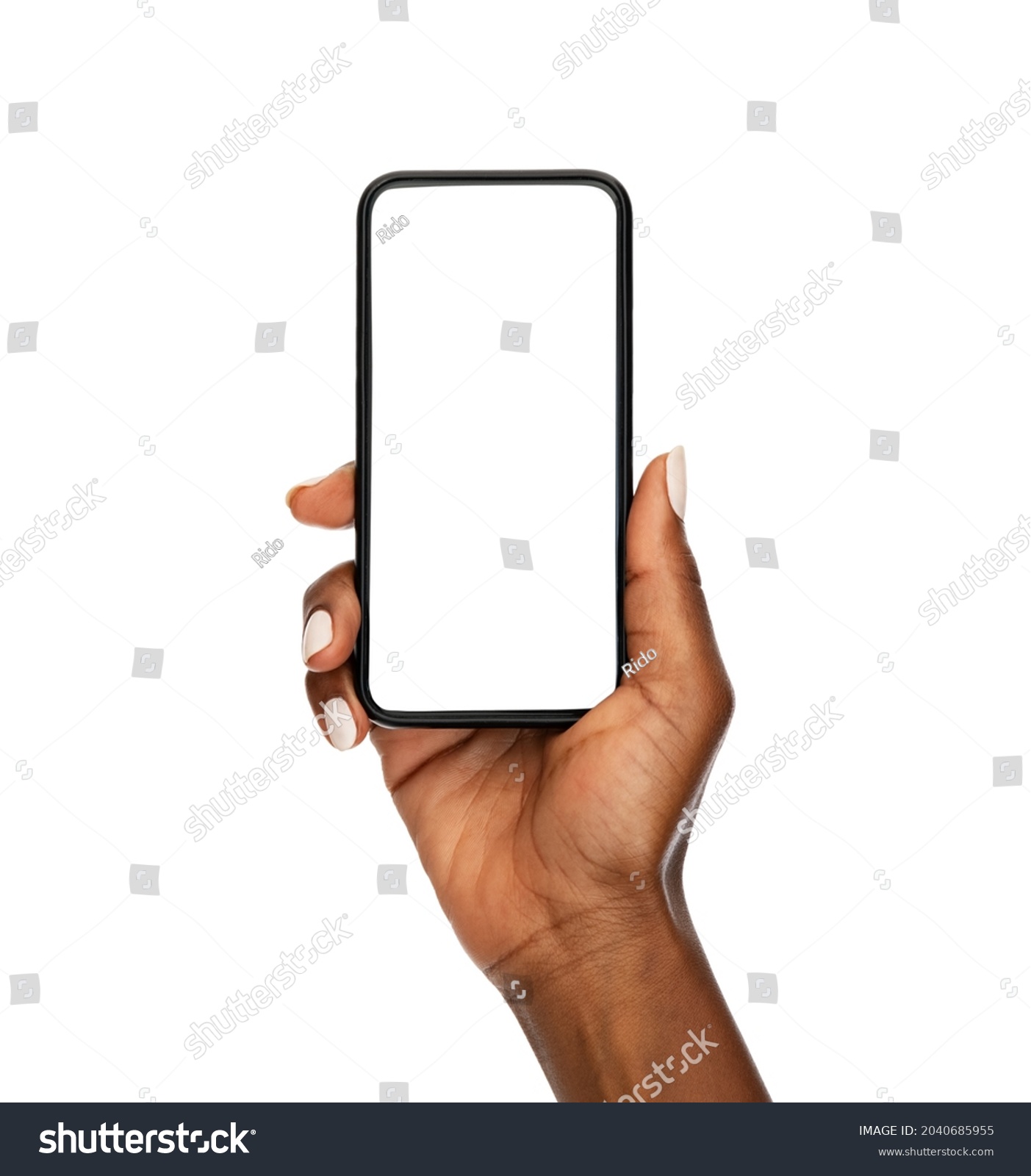 Close up of mature african hand holding smartphone with blank screen isolated on while background. Black woman showing empty screen of modern cellphone. Mature hand showing white screen of smart phone #2040685955