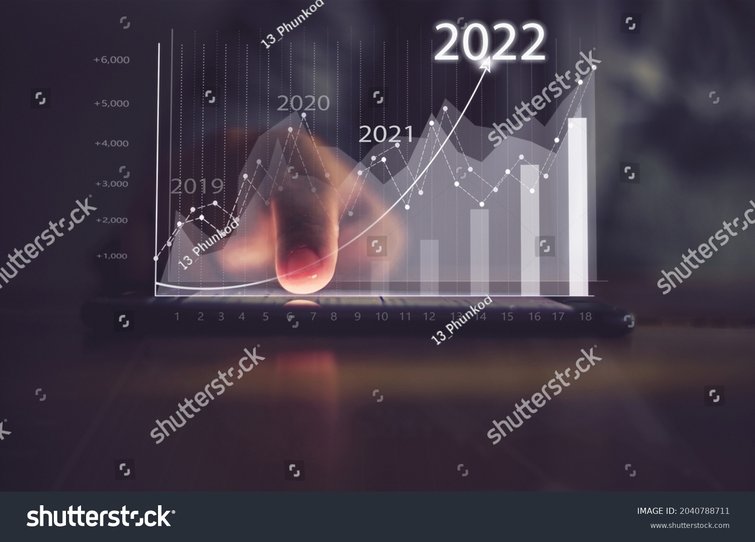 Augmented reality (AR) financial charts showing growing revenue In 2022 floating above digital screen smart phone, businesswoman having meeting about strategy for growth and success #2040788711