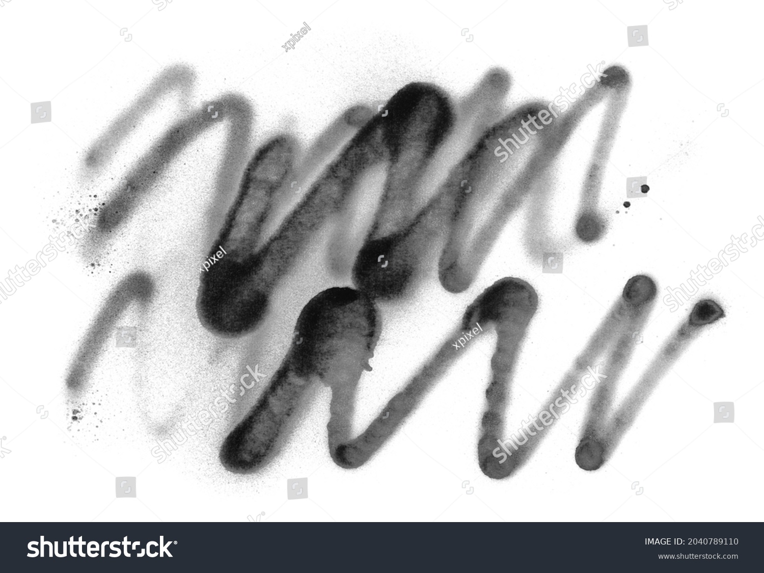 Black spray stain in shape scribble waves isolated on white background, photo with clipping path #2040789110