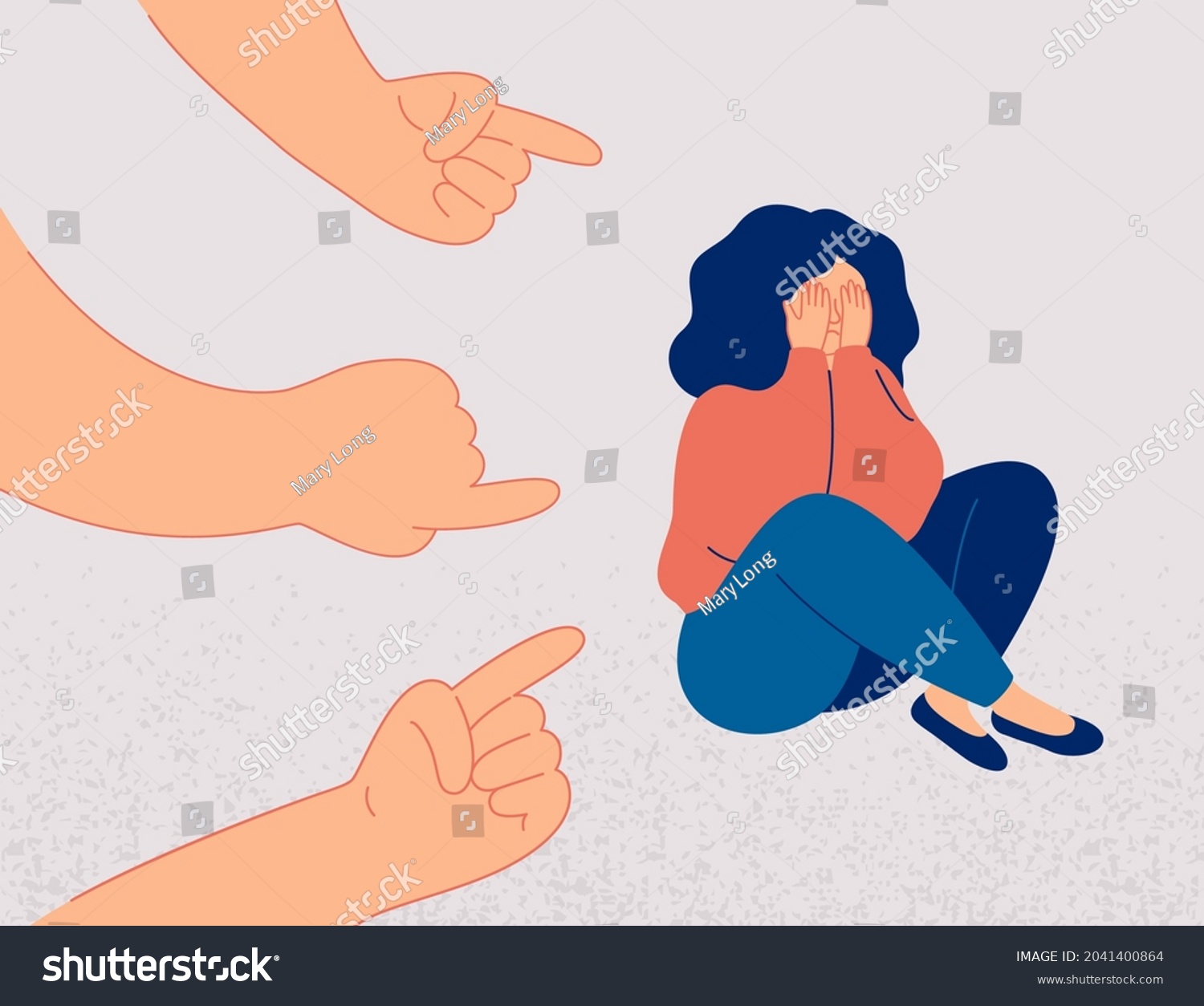 Sad girl suffers from psychological abuse from her peers. Weeping woman surrounded by hands with index fingers pointing at her. Public censure and victim-blaming. Bullying concept. #2041400864