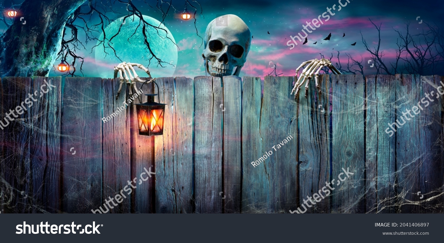 Halloween - Skeleton Holding Lantern On Wooden Banner In Spooky Night #2041406897