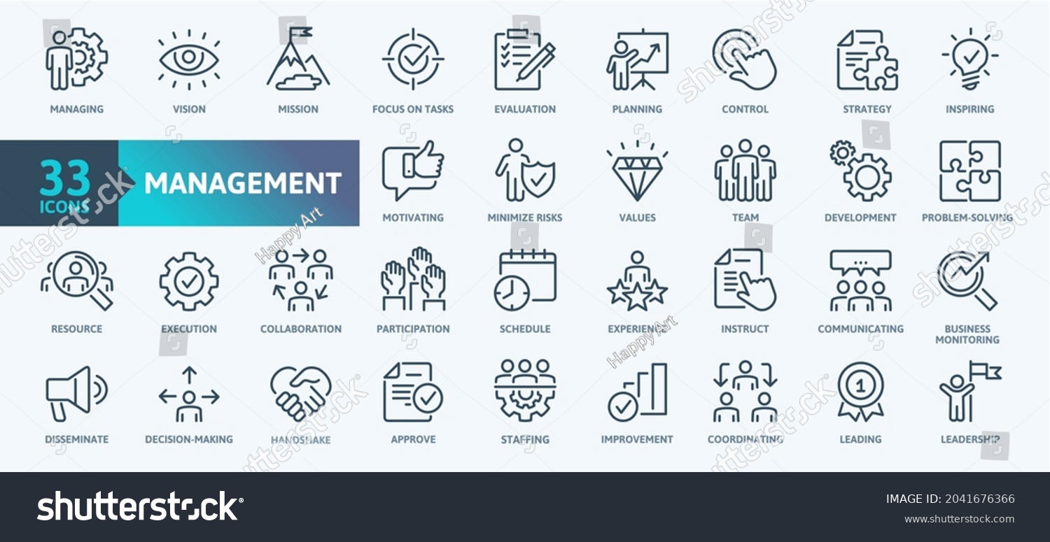 Business Management Outline Icon Collection. Thin Line Set contains such Icons as Vision, Mission, Values, Human Resource, Experience and more. Simple web icons set. #2041676366