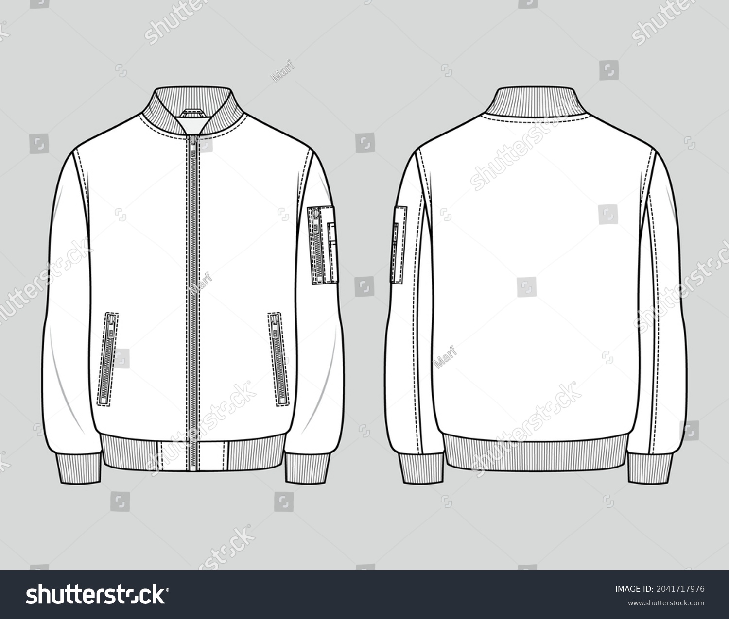 Classic bomber jacket. Men's casual clothing. Vector technical sketch. Mockup template. #2041717976