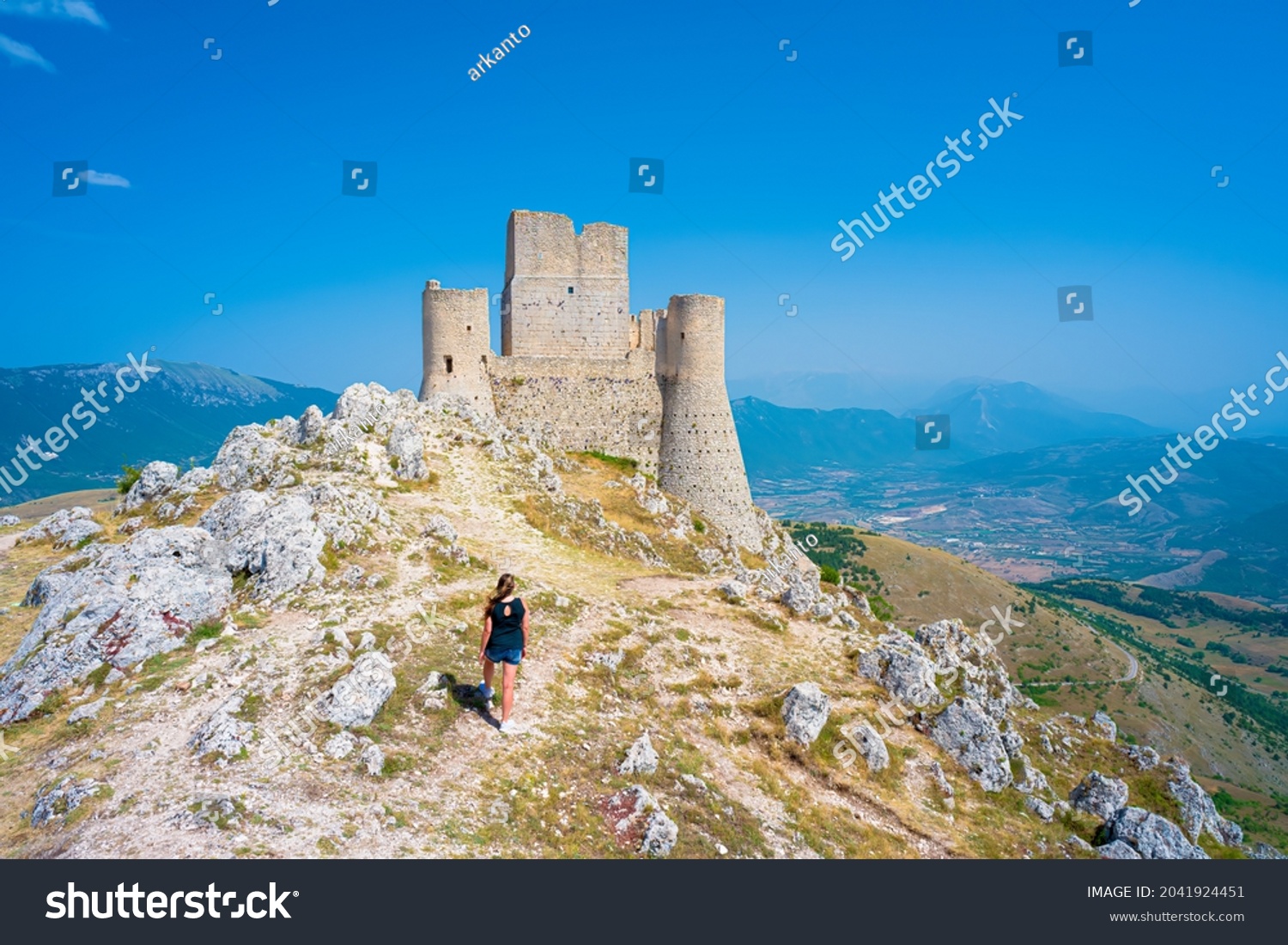 Castle of Rocca Calascio and Santa Maria della Pieta church, Aquila, Abruzzo, Italy. Part of Gran Sasso National Park, location for several film scenes, one of 15 most beautiful castle in the world #2041924451
