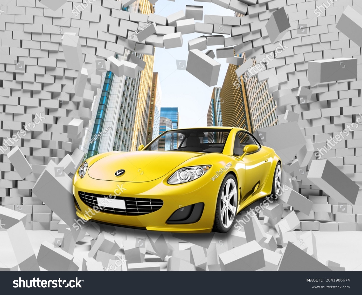3d picture of a yellow car in a destroyed wall for digital printing wallpaper, custom design wallpaper #2041986674