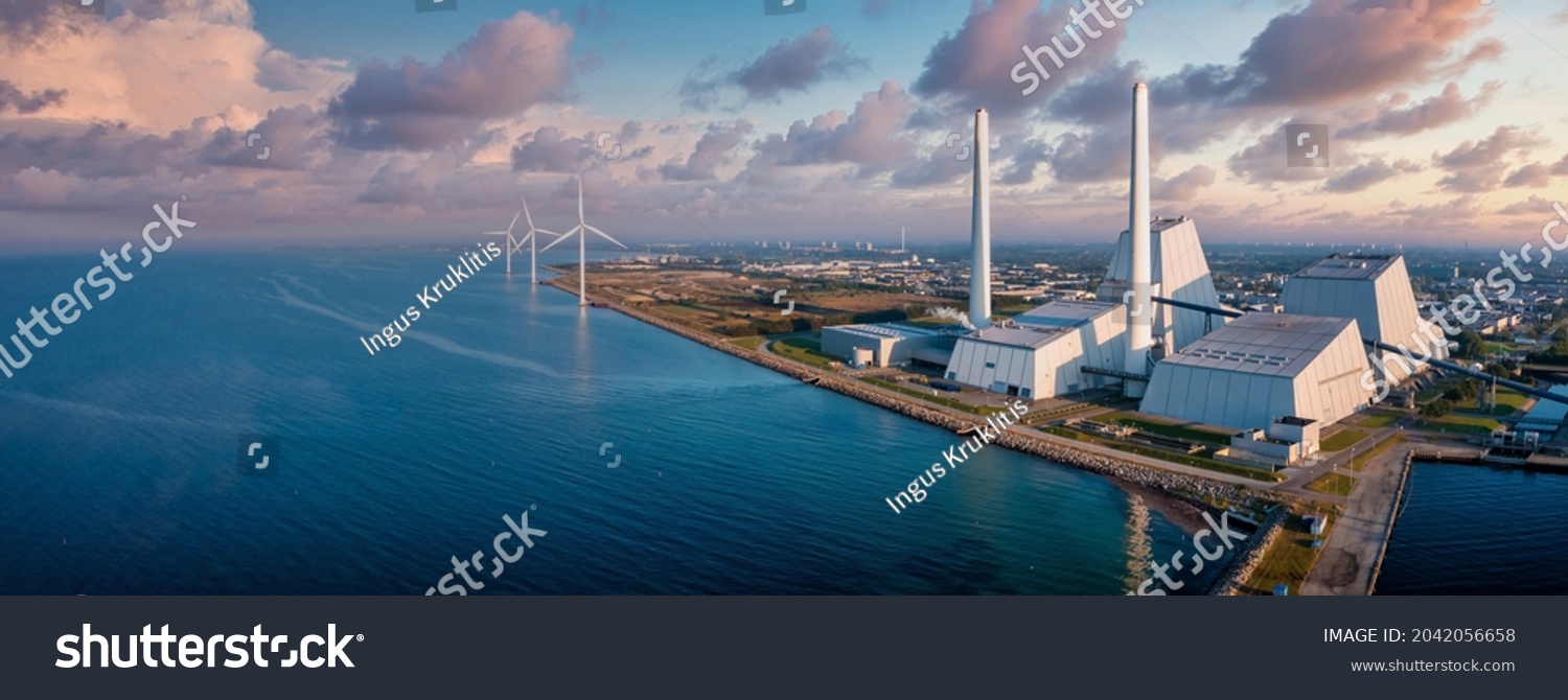 Aerial view of the Power station. One of the most beautiful and eco friendly power plants in the world. ESG green energy. #2042056658