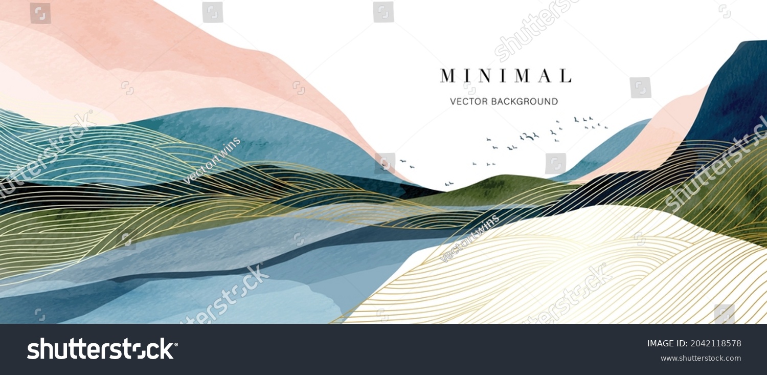 Mountain background vector. Minimal landscape art with watercolor brush and golden line art texture. Abstract art wallpaper for prints, Art Decoration, wall arts and canvas prints.  #2042118578
