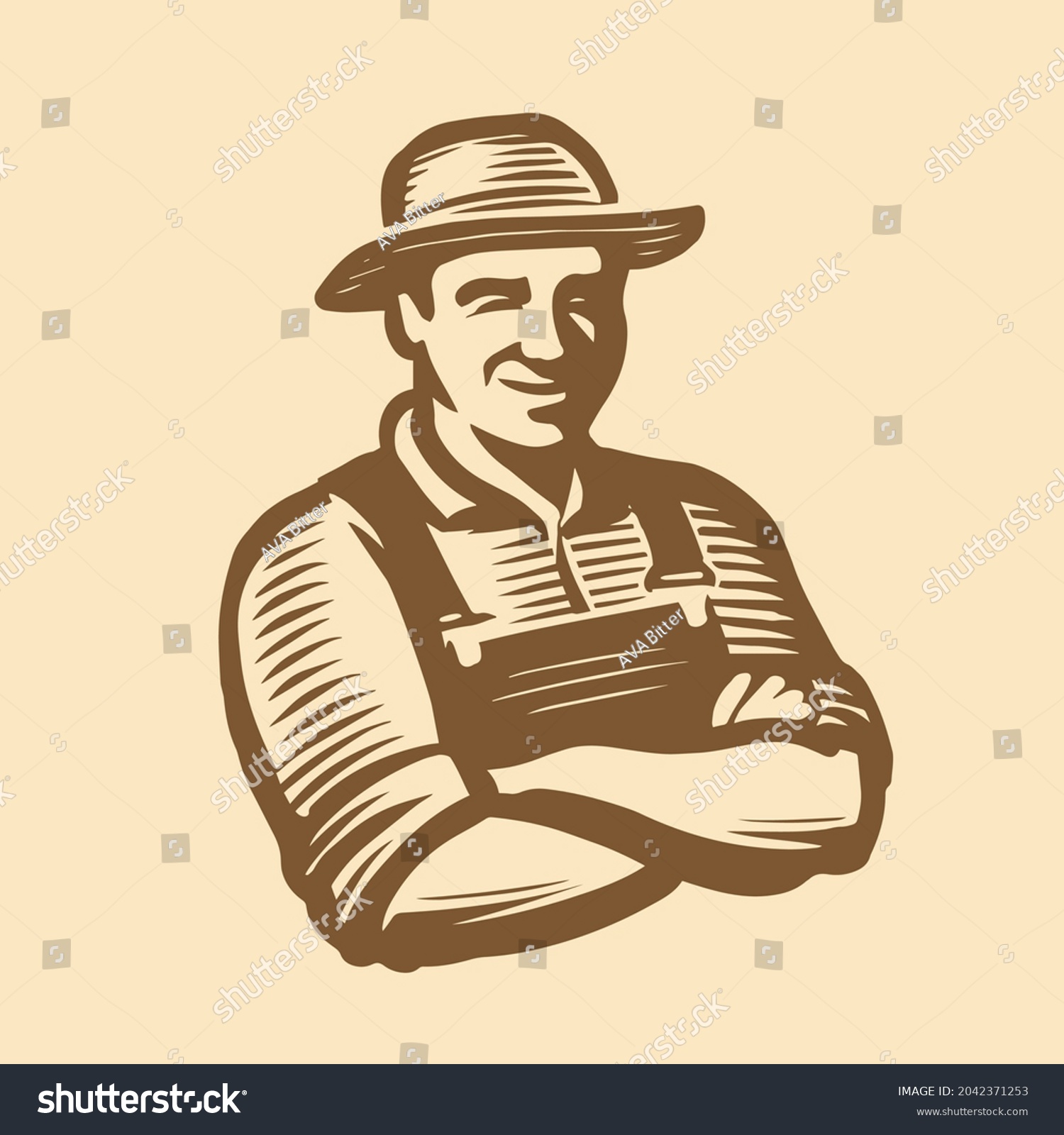 Farmer man logo. Farm, agriculture symbol in engraving style. Sketch vintage vector illustration #2042371253