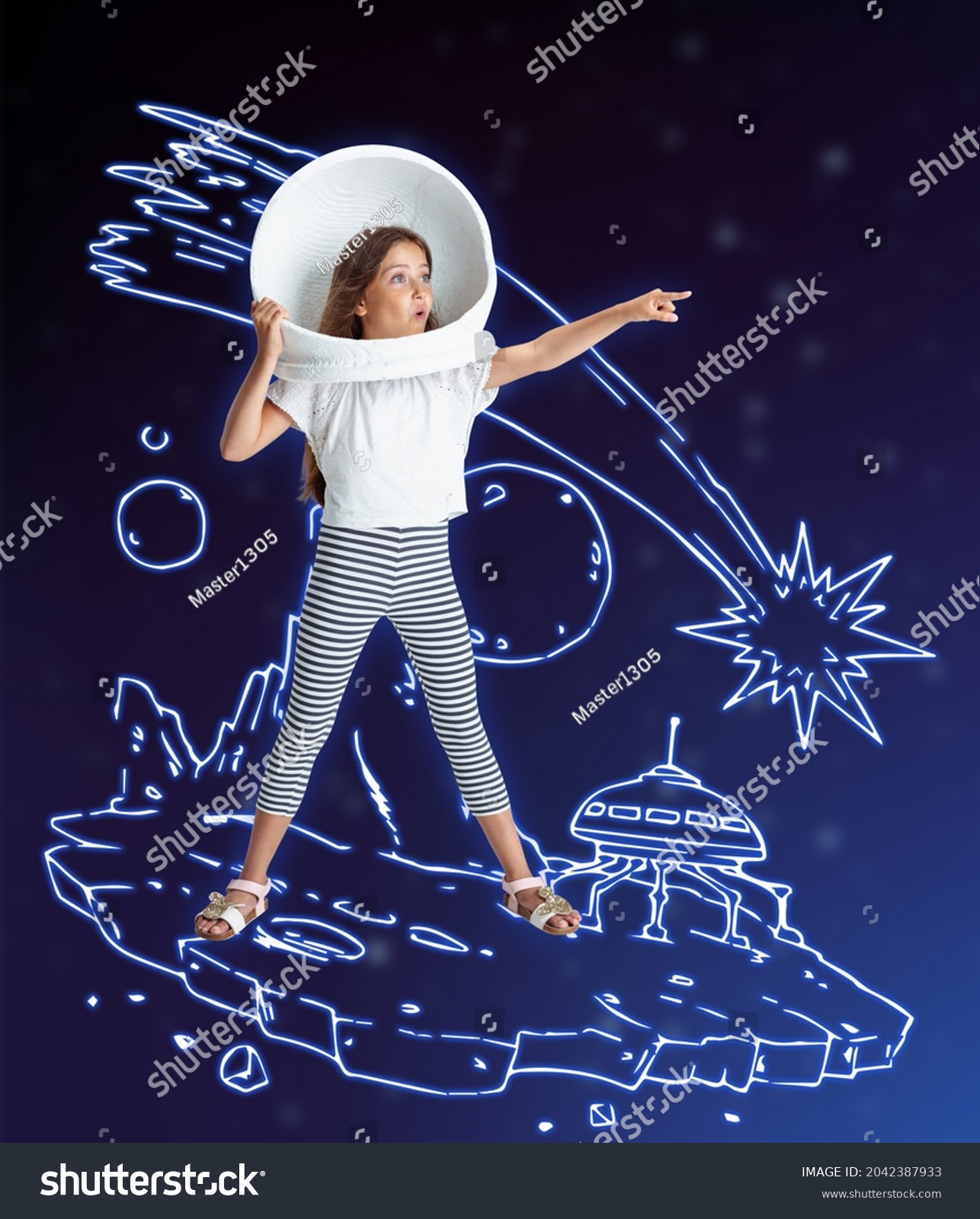 Exploring space. Creative artwork with little girl in huge white astronaut helmet standing among drawn planets, asteroids and stars in outer space. Ideas, inspiration, imagination. Collage #2042387933
