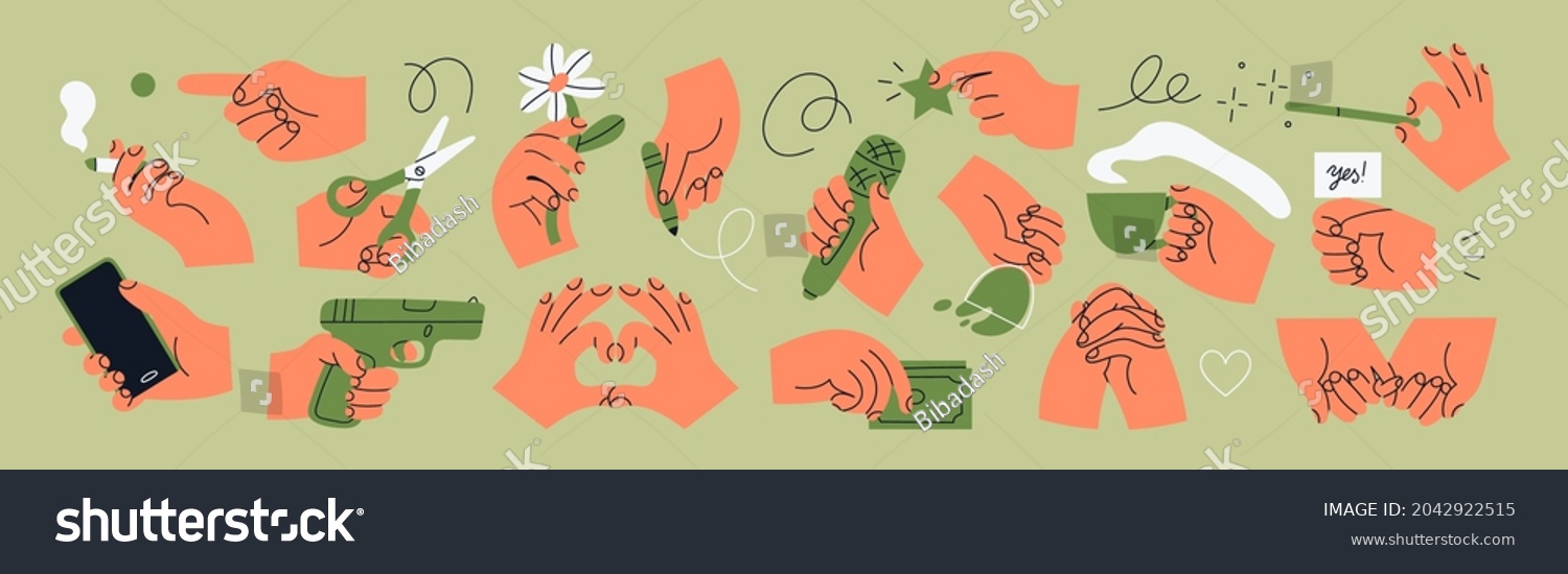 Big set of Colorful Hands holding stuff. Different gestures. Hands with scissors, pen, money, wine glass, phone, cigarette, flower, cup. Hand drawn Vector illustration. All elements are isolated #2042922515