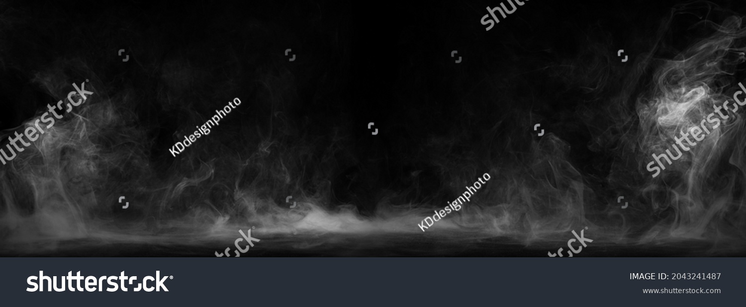Panoramic view of the abstract fog. White cloudiness, mist or smog moves on black background. Beautiful swirling gray smoke. Mockup for your logo. Wide angle horizontal wallpaper or web banner. #2043241487