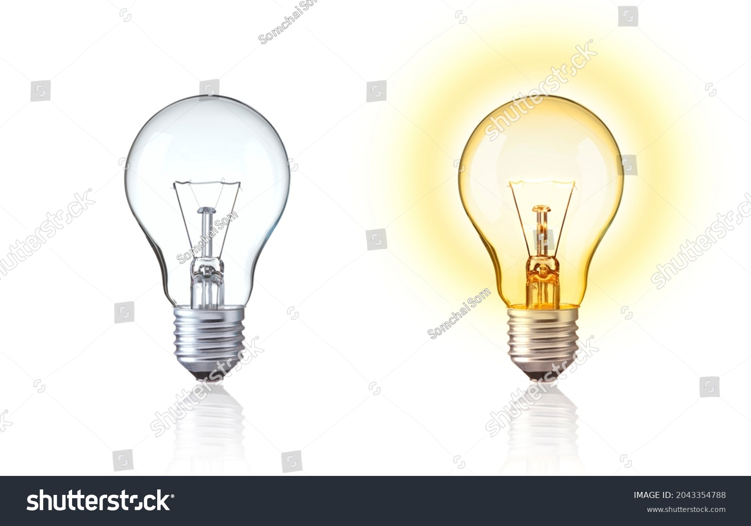 Classic light bulb isolate on white background. Turn on and turn off of Tungsten light bulb show big idea,  innovation, save energy, idea of Evolution, old style or retro light bulb Concept. #2043354788