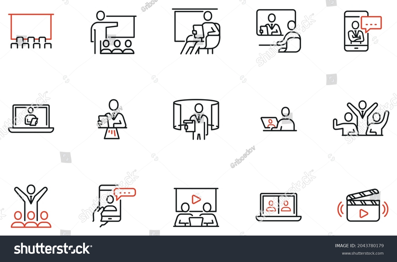 Vector Set of Linear Icons Related to Online Seminar, Virtual Conference, Webinar and Presentation. Sharing Ideas Using Video Applications. Mono Line Pictograms and Infographics Design Elements  #2043780179