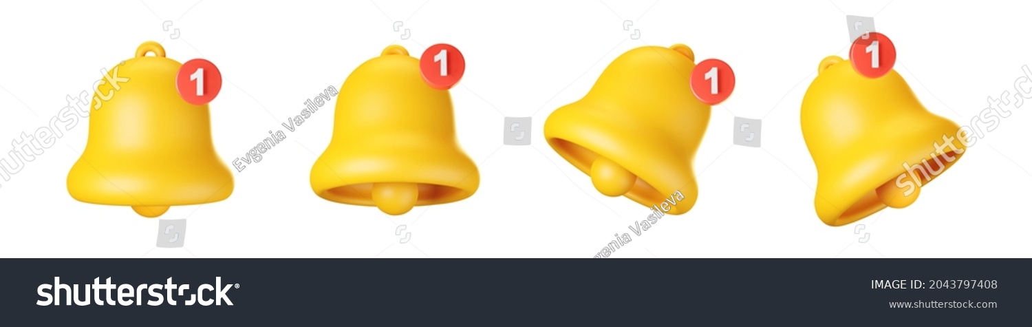 3d notification bell icon set isolated on white background. 3d render yellow ringing bell with new notification for social media reminder. Realistic vector icon #2043797408