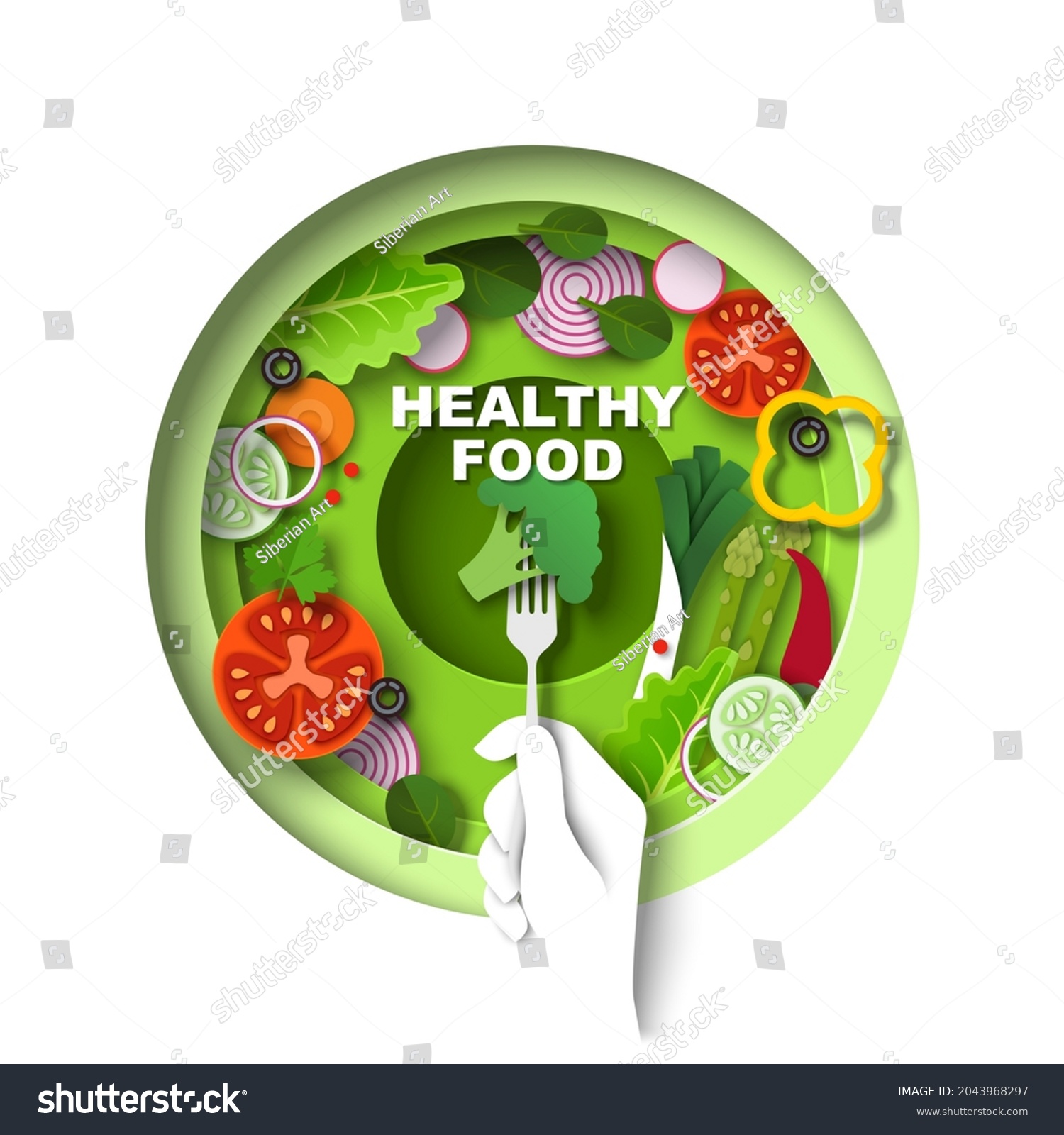 Bowl with delicious vegan salad, hand holding fork with broccoli, vector top view illustration in paper art style. Healthy diet, vegetarian meal. Healthy food poster, banner design template. #2043968297