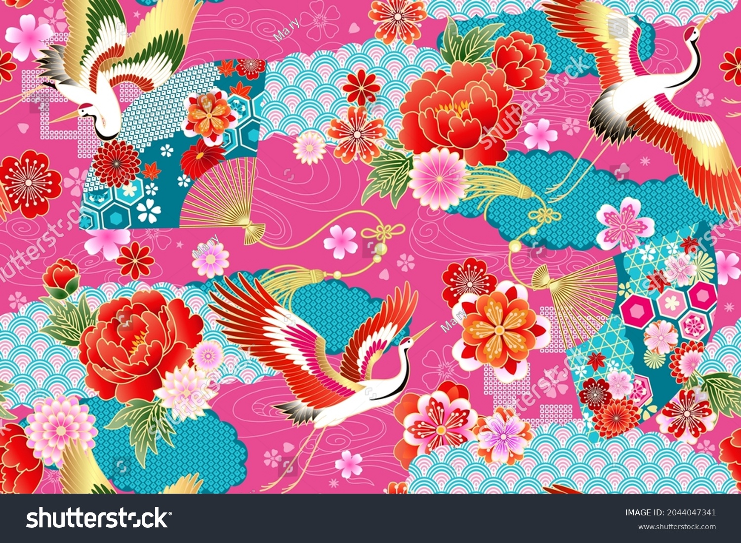 Seamless pattern with floral motives and cranes  #2044047341