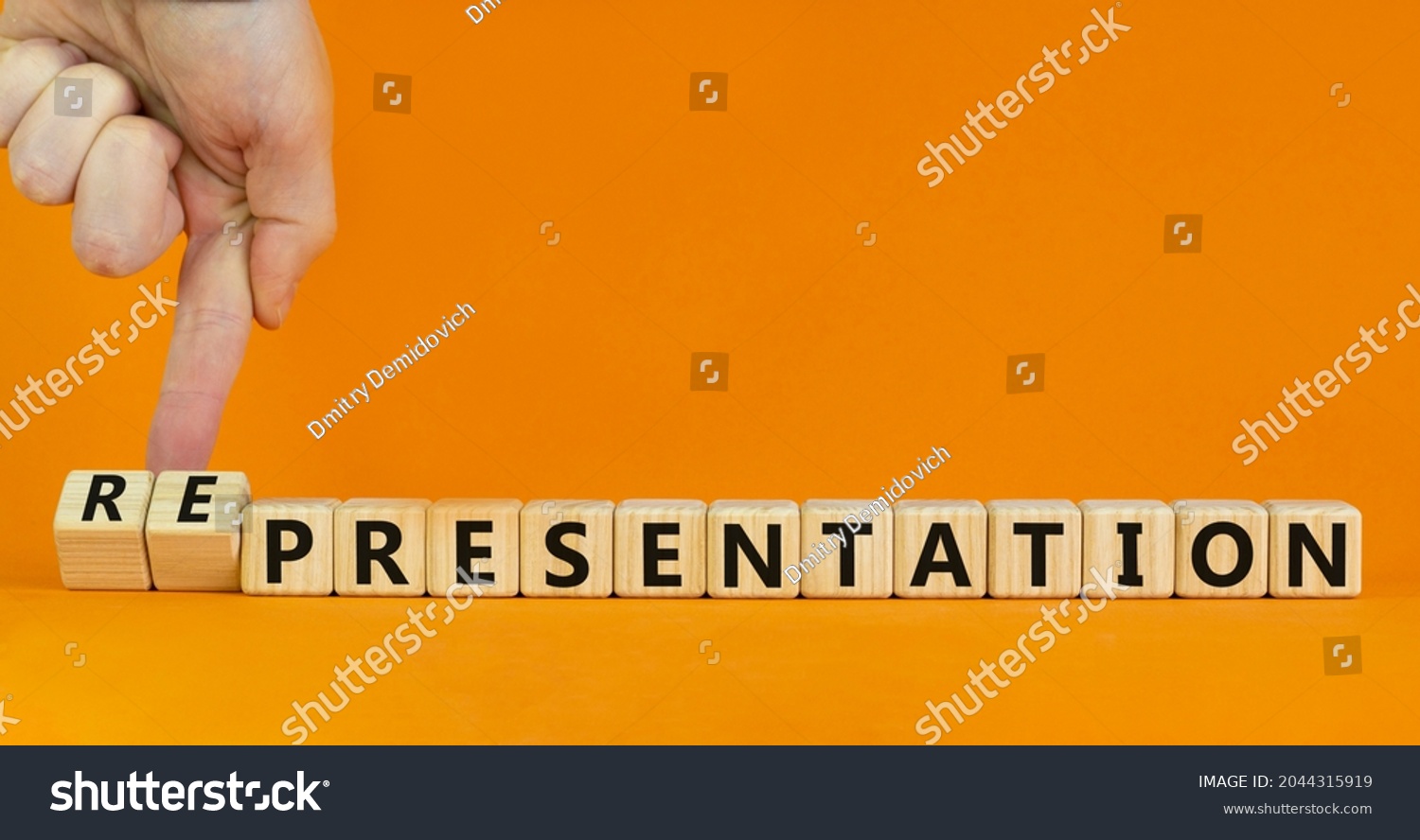 Presentation representation symbol. Businessman turns cubes, changes words presentation to representation. Beautiful orange background, copy space. Business, presentation or representation concept. #2044315919