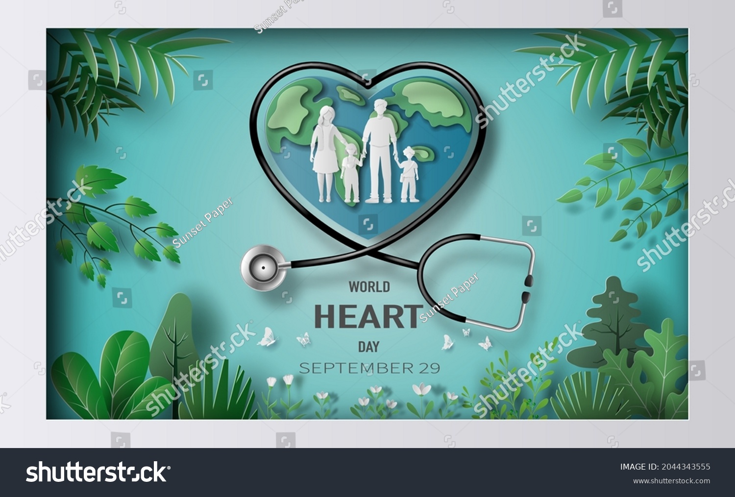 World Heart Day concept, a family holding hands with a heart world and a stethoscope on a green leaves background, paper illustration, and 3d paper. #2044343555
