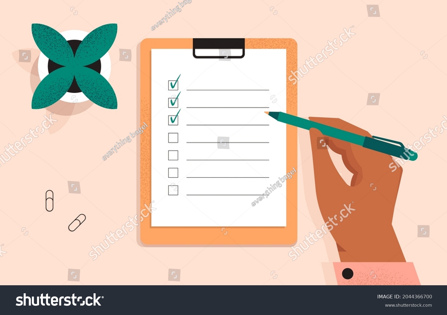 Clipboard with a checklist on a white sheet of paper. Hand holding a pen and writing. Check list, to do, questionnaire concept. Document on the desk. Top view. Isolated flat vector illustration #2044366700