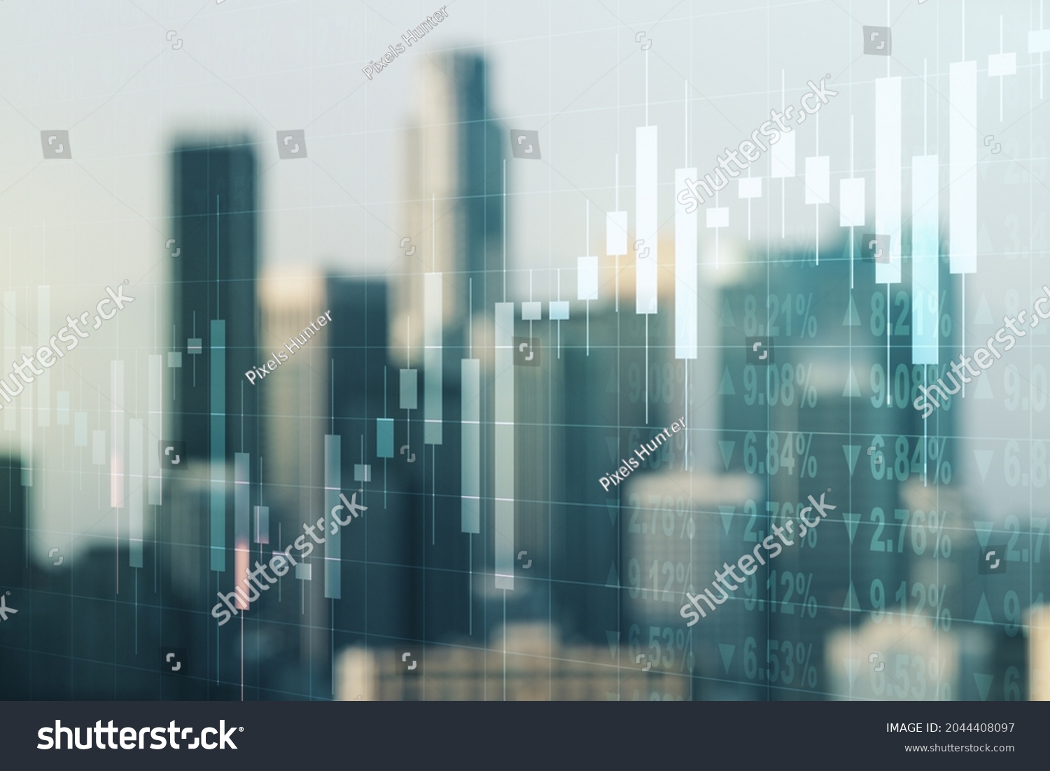 Abstract virtual financial graph hologram on blurry skyscrapers background, financial and trading concept. Multiexposure #2044408097