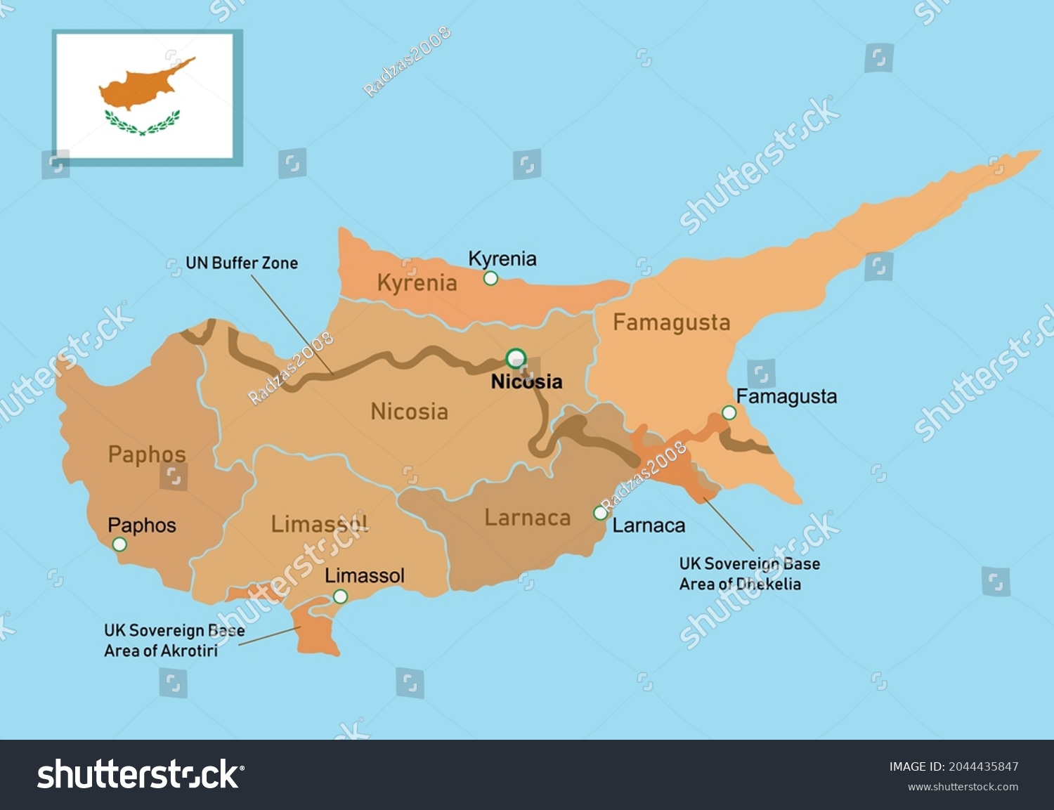 Vector image Cyprus regions map - Royalty Free Stock Vector 2044435847 ...