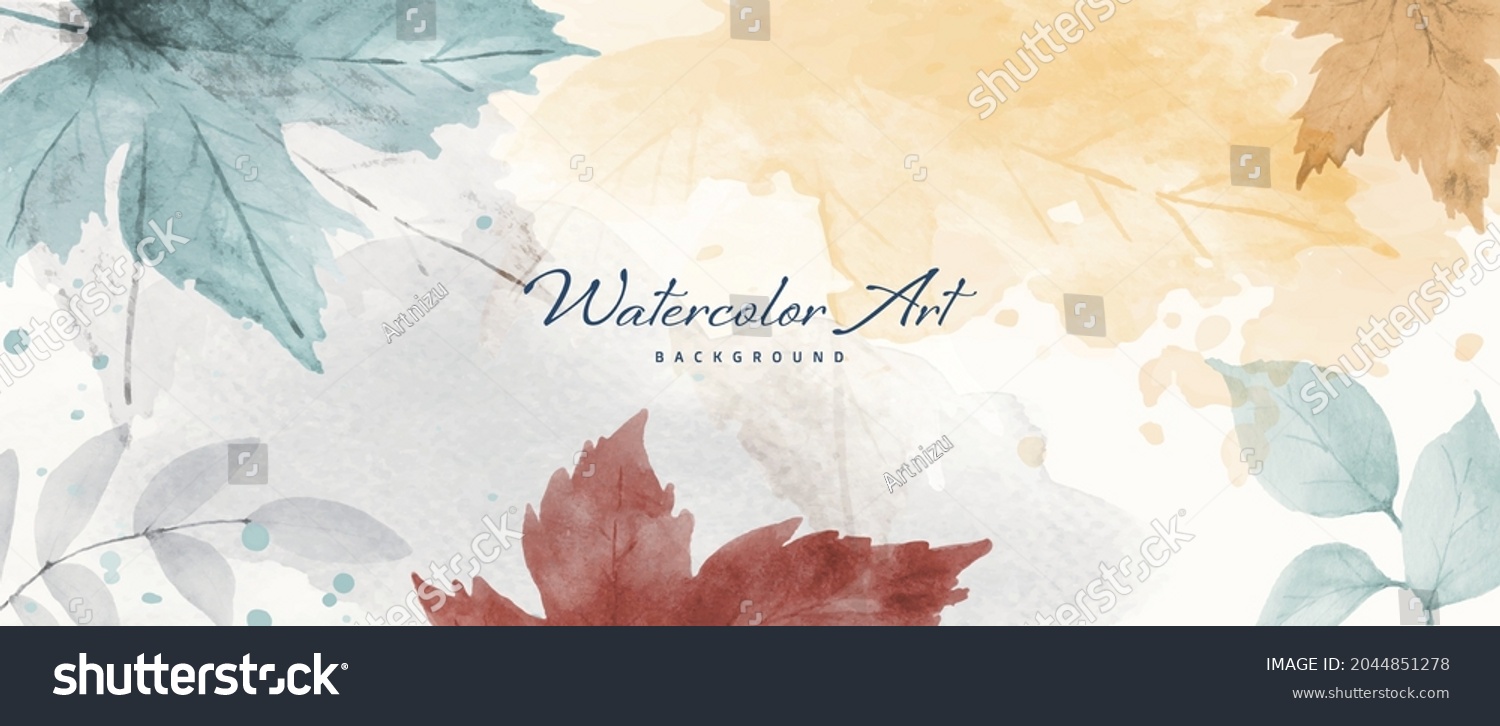 Watercolor abstract background autumn collection with maple and seasonal leaves. Hand-painted watercolor natural art, perfect for your designed header, banner, web, wall, cards, etc #2044851278
