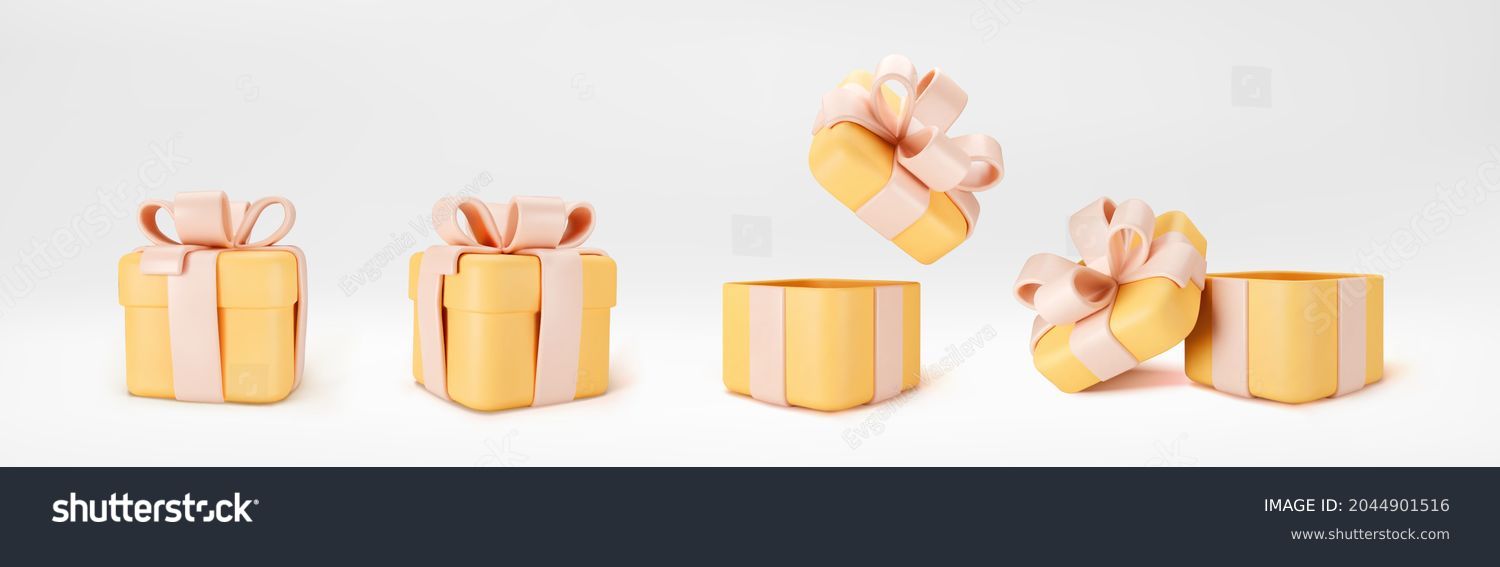 3d orange gift boxes open and closed standing on the floor with yellow pastel ribbon bow isolated on a light background. 3d render modern holiday surprise box. Realistic vector icons #2044901516