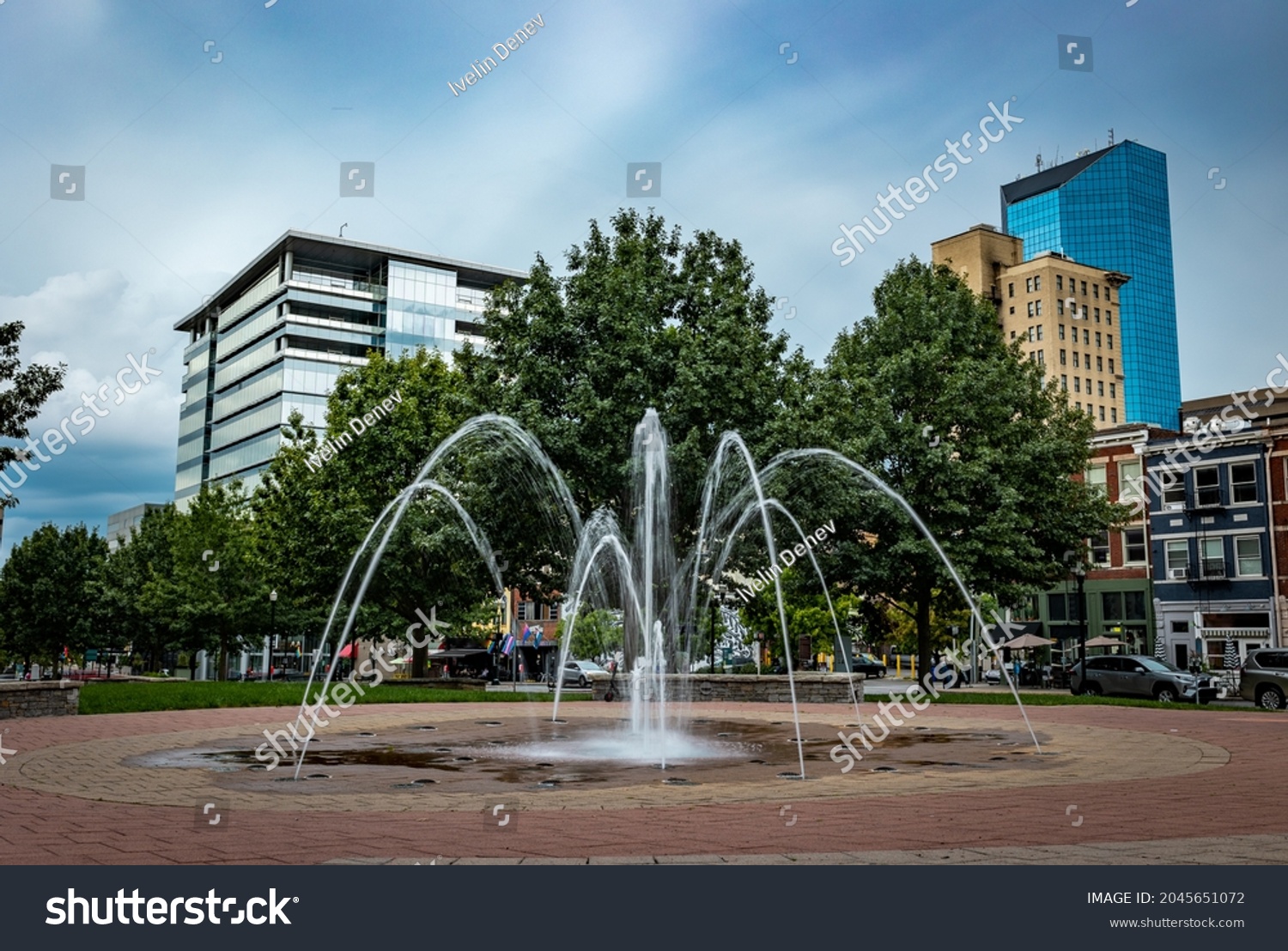 Lexington, Kentucky downtown fountain with financial business district of the city visible in a distance #2045651072