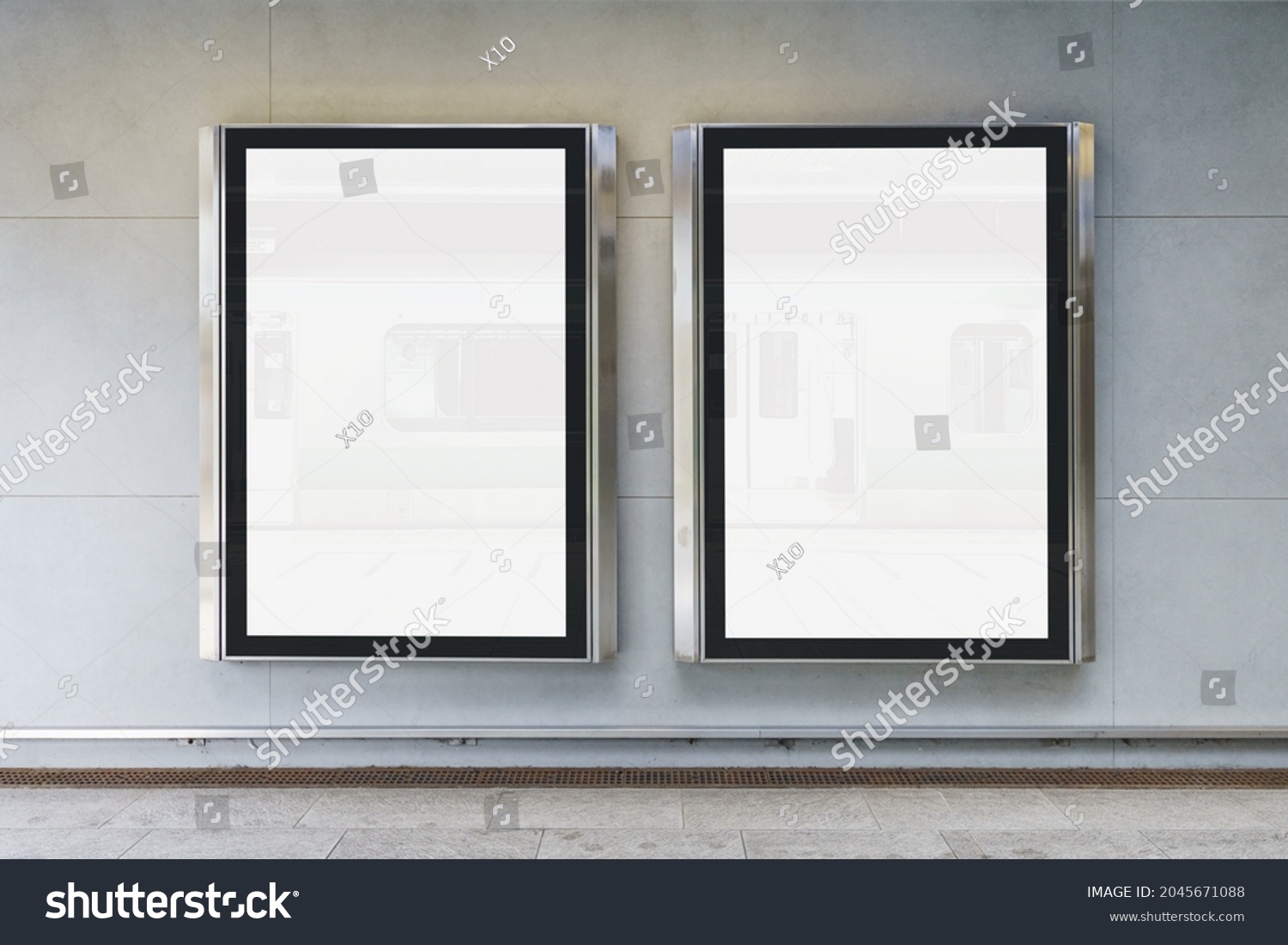 Two indoor outdoor city light mall shop template. Blank billboard mock up in a subway station, underground interior. Urban light box inside advertisement metro airport vertical. #2045671088