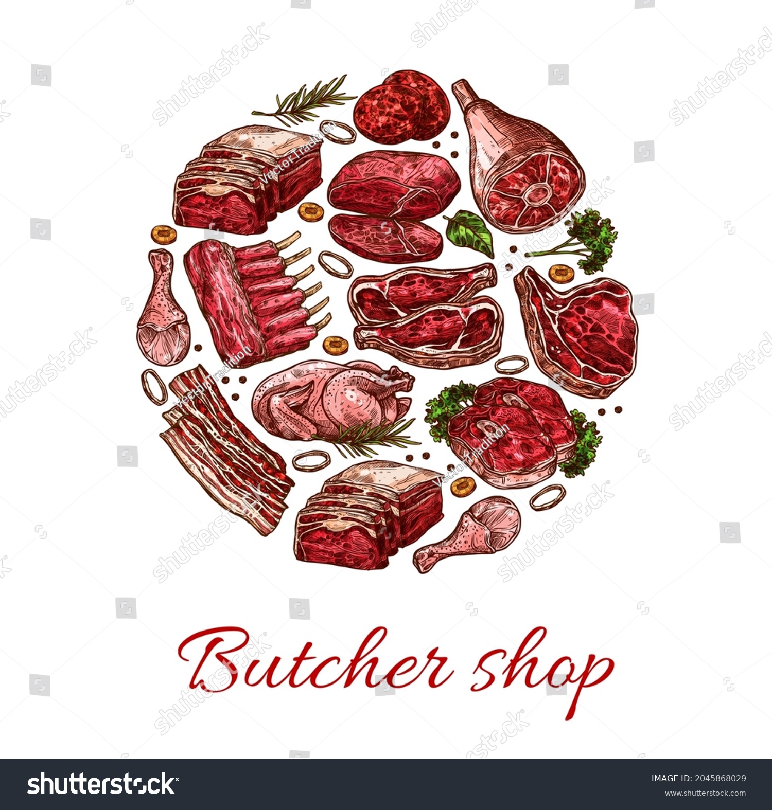 Pork Beef Lamb And Chicken Meat Sketch Of Royalty Free Stock Vector 2045868029